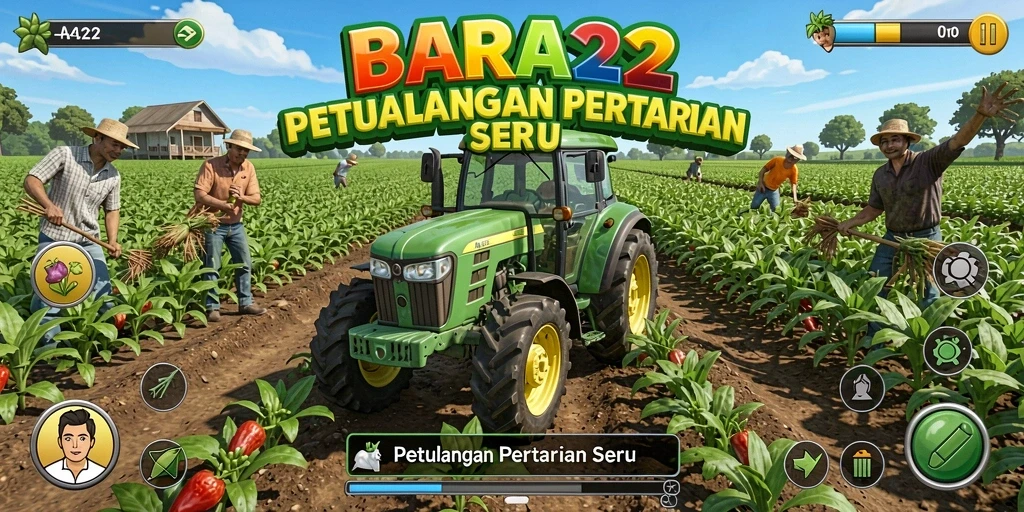 Screenshot dari gameplay BARA22 menunjukkan ladang yang luas dan tanaman yang subur.