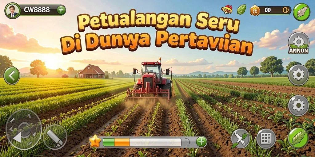 Tangkapan layar gameplay <strong>CW8888</strong> menampilkan keindahan ladang pertanian yang penuh dengan tanaman dan hewan.