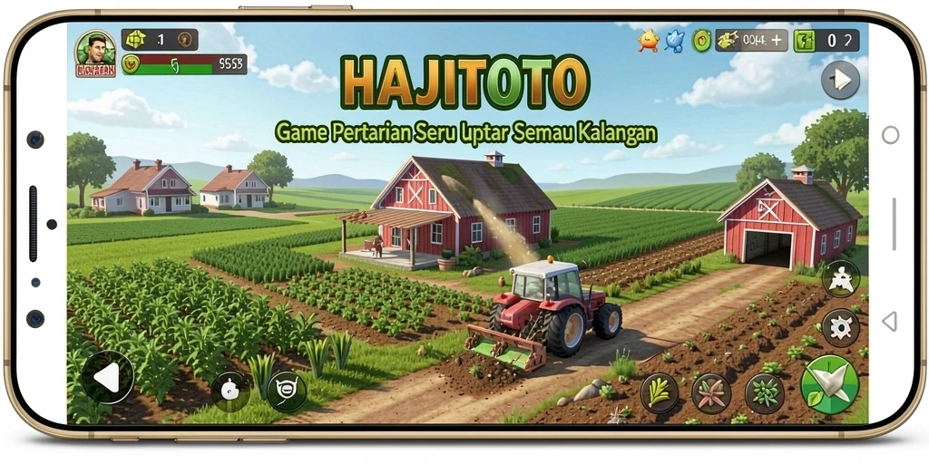 Screenshot utama HAJITOTO menampilkan pengalaman berkebun dan bertani yang seru dan colorful.