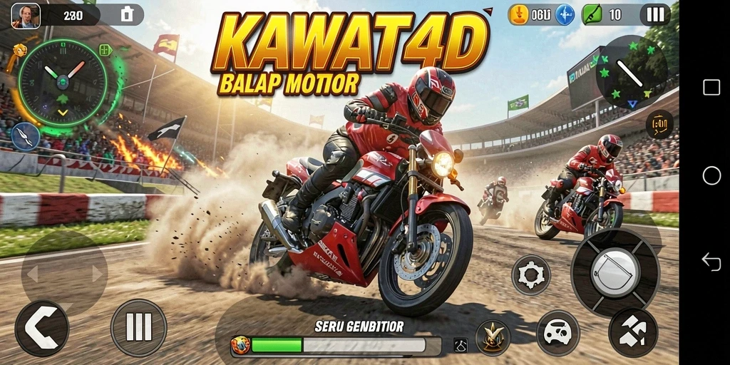 Screenshot gameplay KAWAT4D menampilkan balapan motor yang penuh adrenalin.