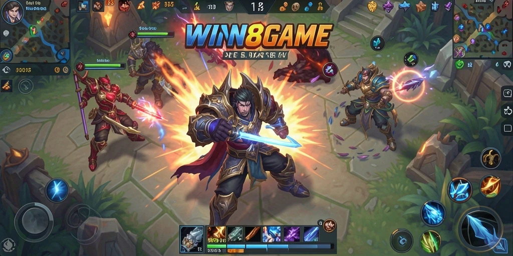 Tangkapan layar gameplay <strong>WIN8GAME</strong> menunjukkan aksi pertarungan tim MOBA.