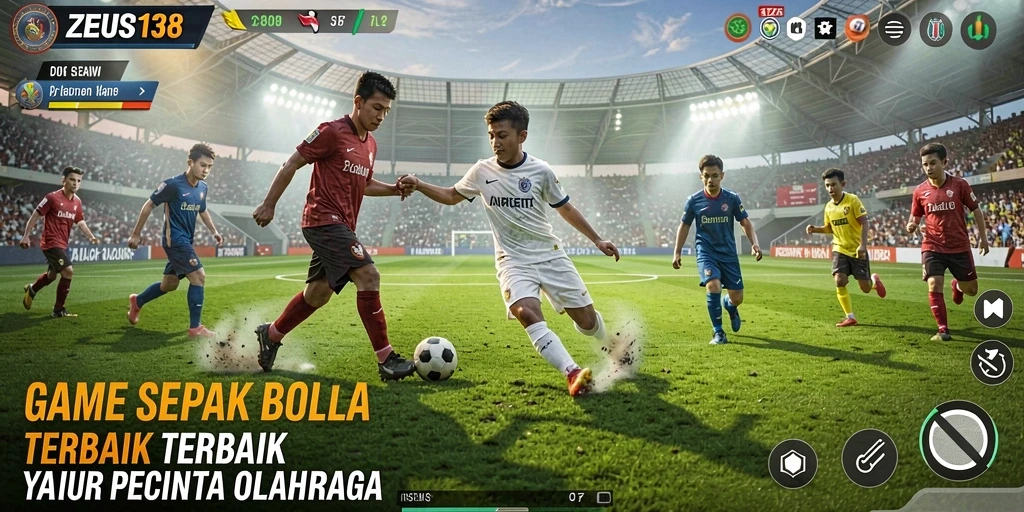 Tangkapan layar permainan ZEUS138 menunjukkan aksi intens di lapangan sepak bola.